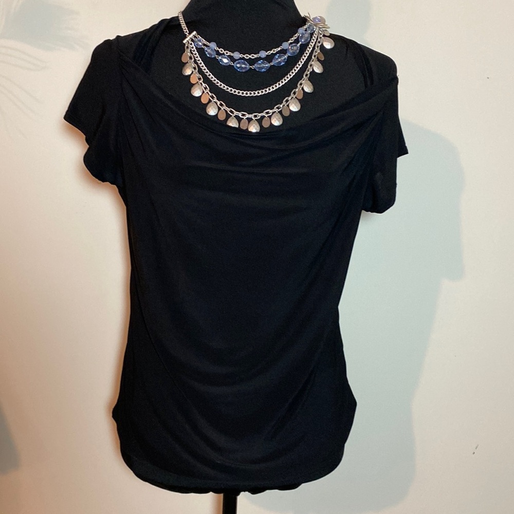 Western connection draped neck short sleeve top blouse dressy casual med black